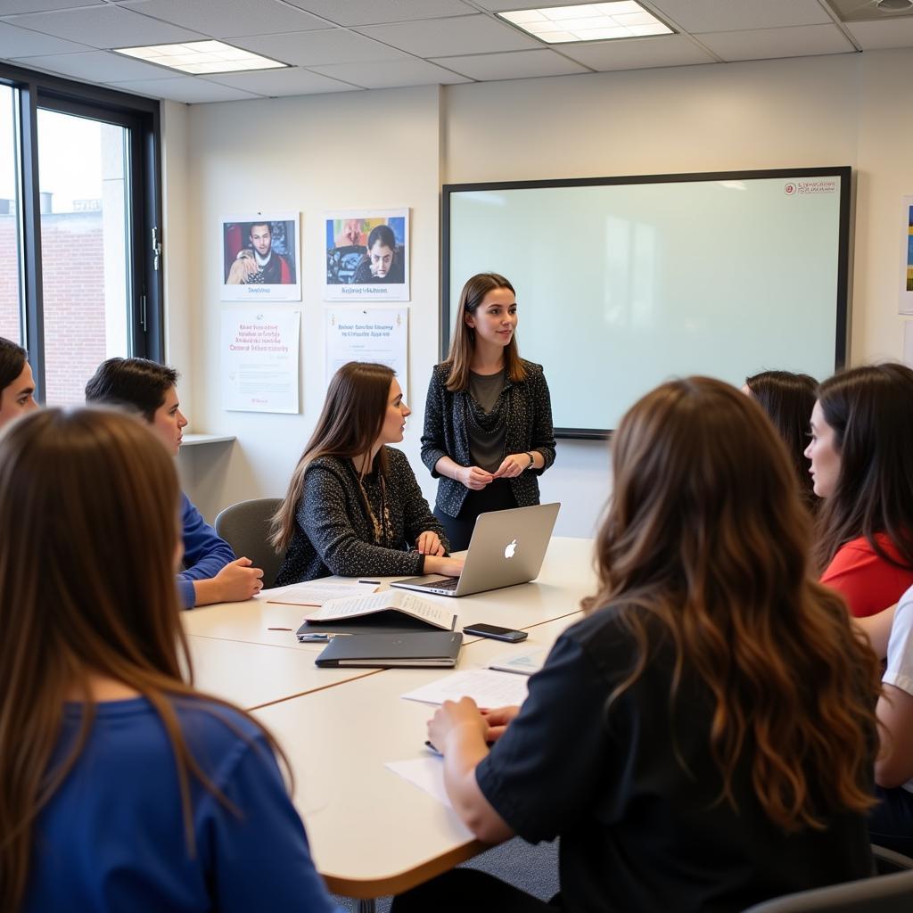 Students discussing digital consent education in modern classroom setting