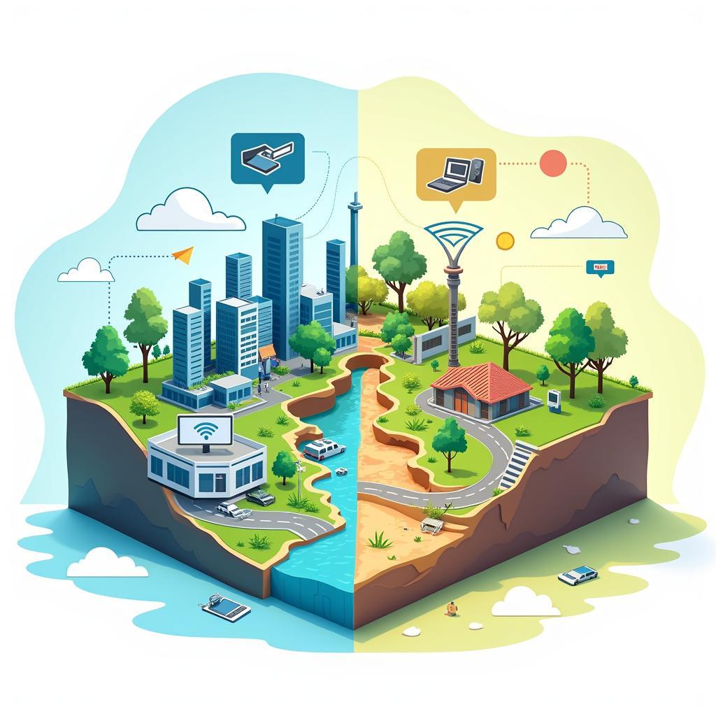 Digital divide and technology access illustration showing connected vs unconnected communities