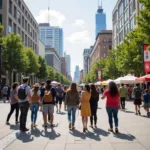 Diverse groups of people interacting harmoniously in urban setting