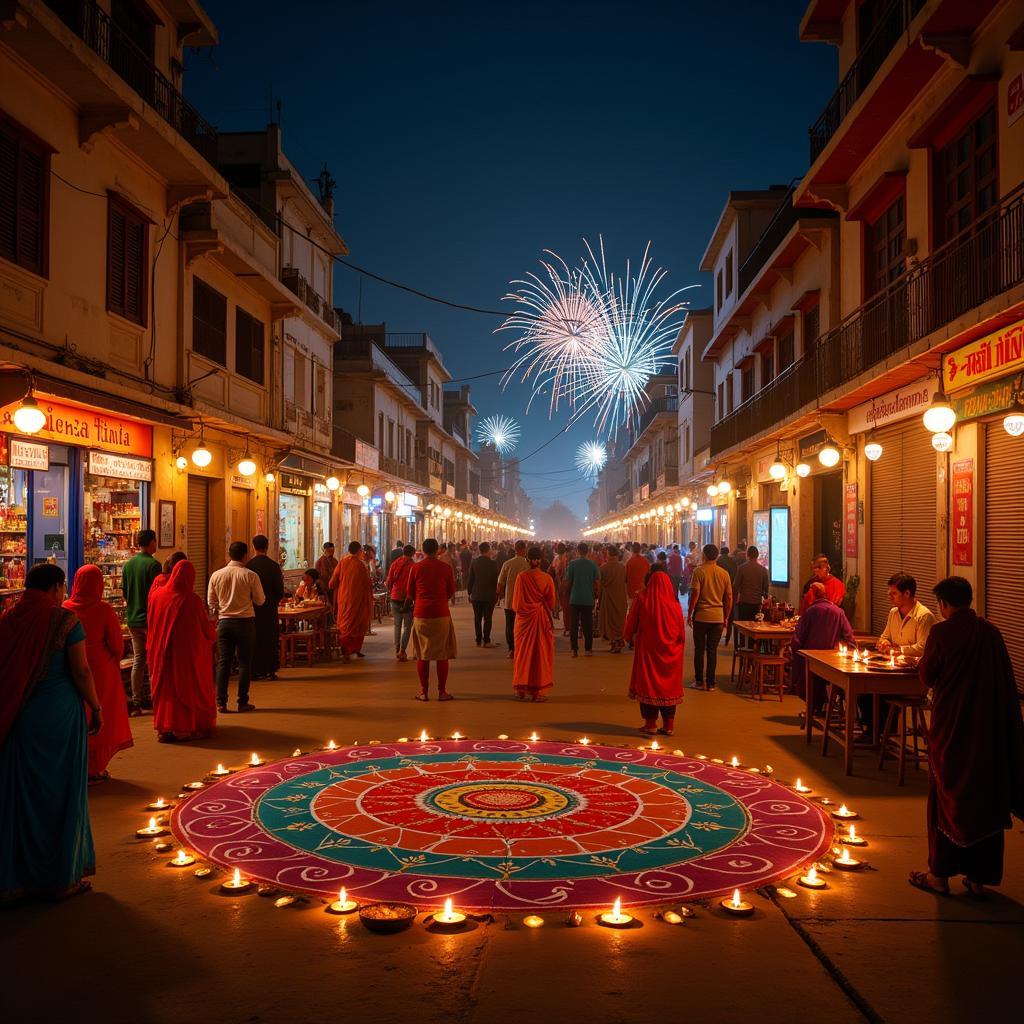 Vibrant Diwali celebration with lights and fireworks