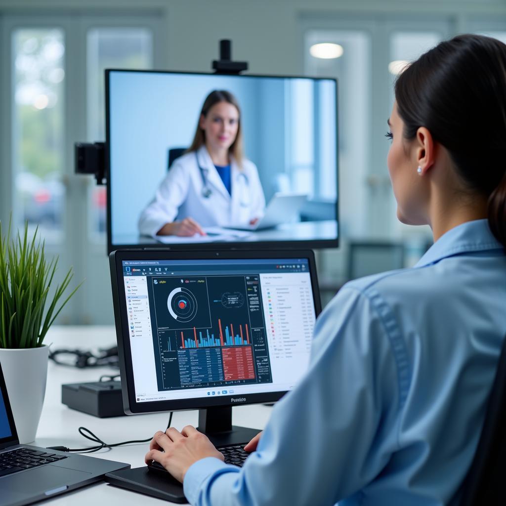 Doctor reviewing patient medical records on computer during telemedicine session