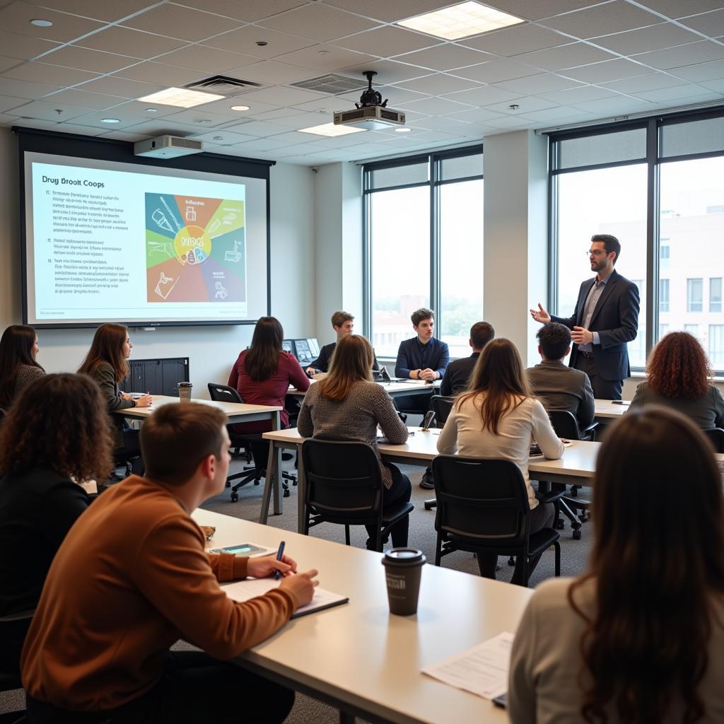 Students attending drug and alcohol education program in modern classroom