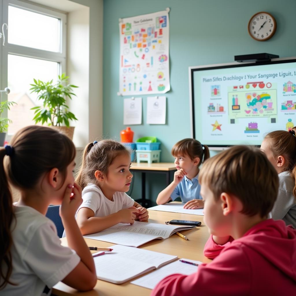 Young students learning foreign language in modern classroom