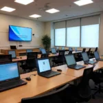 Modern classroom equipped for both physical and virtual learning