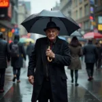 Elderly man struggling with umbrella in heavy rain