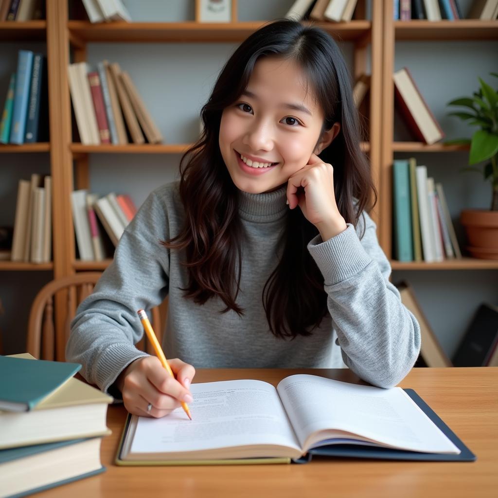 IELTS candidate preparing for speaking test about emotional books