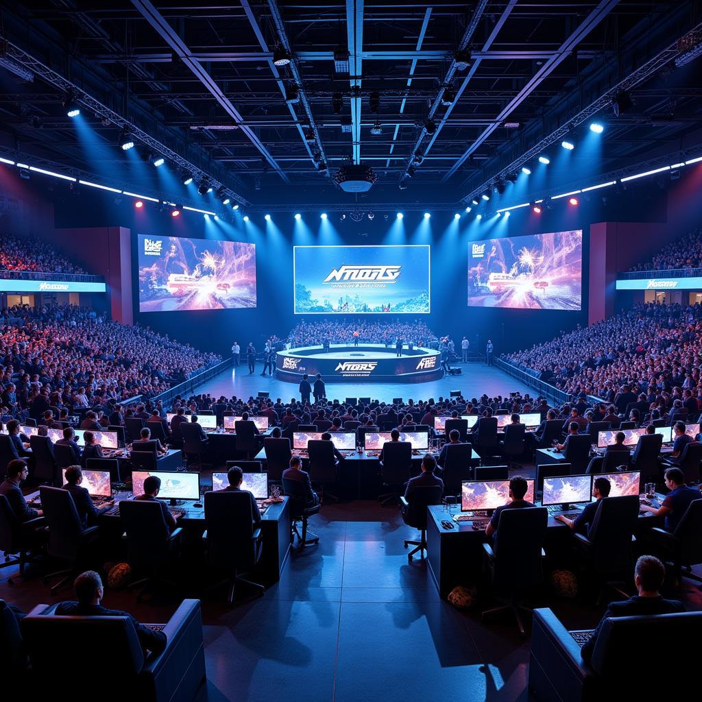 Professional gamers competing in modern e-sports arena with large audience