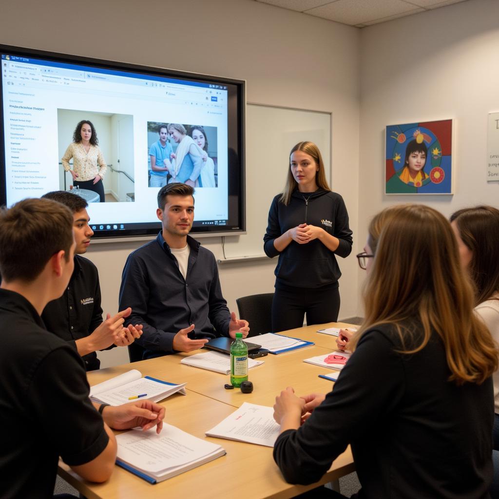 Students learning about sustainable consumption in modern classroom