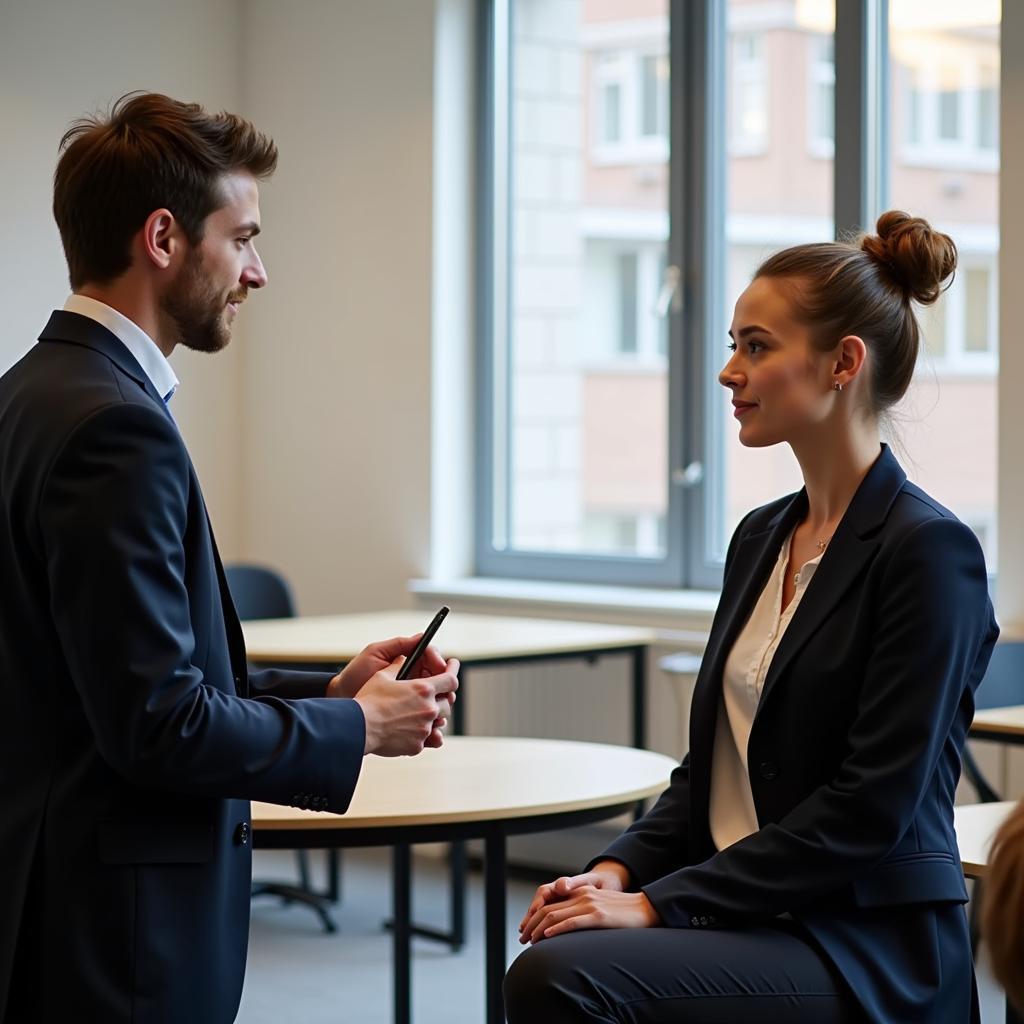 IELTS examiner and candidate engaged in discussion