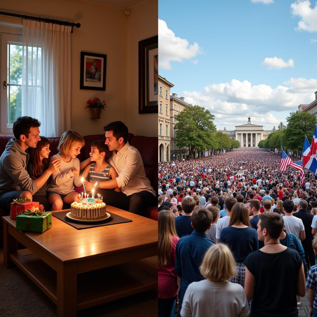 Contrasting scenes of family celebration and public holiday