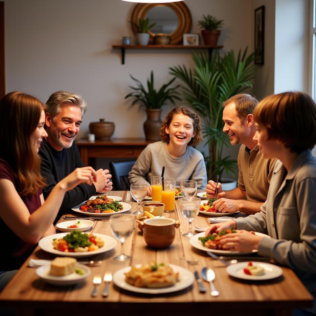 Family dinner table conversation and interaction