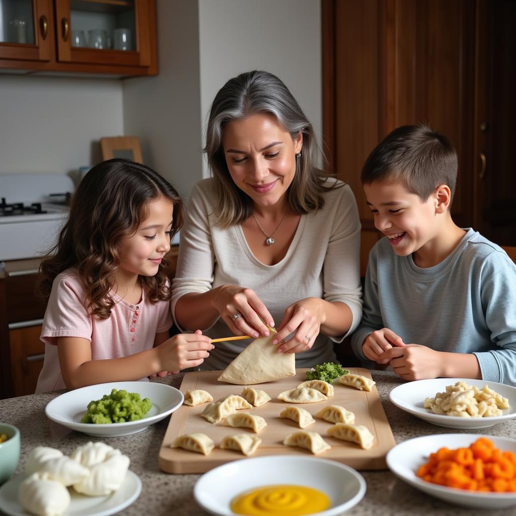 Multi-generational family making traditional dumplings together