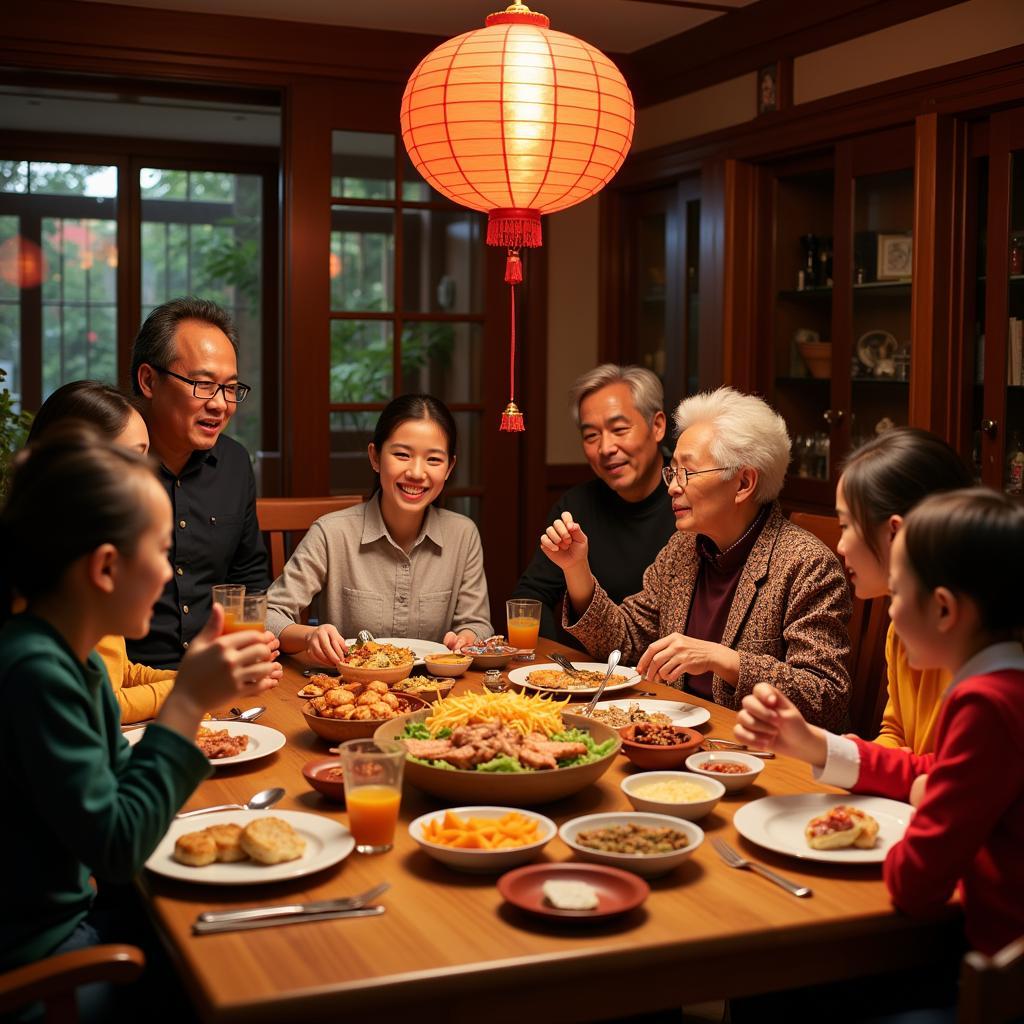 Extended family celebrating Lunar New Year with traditional activities