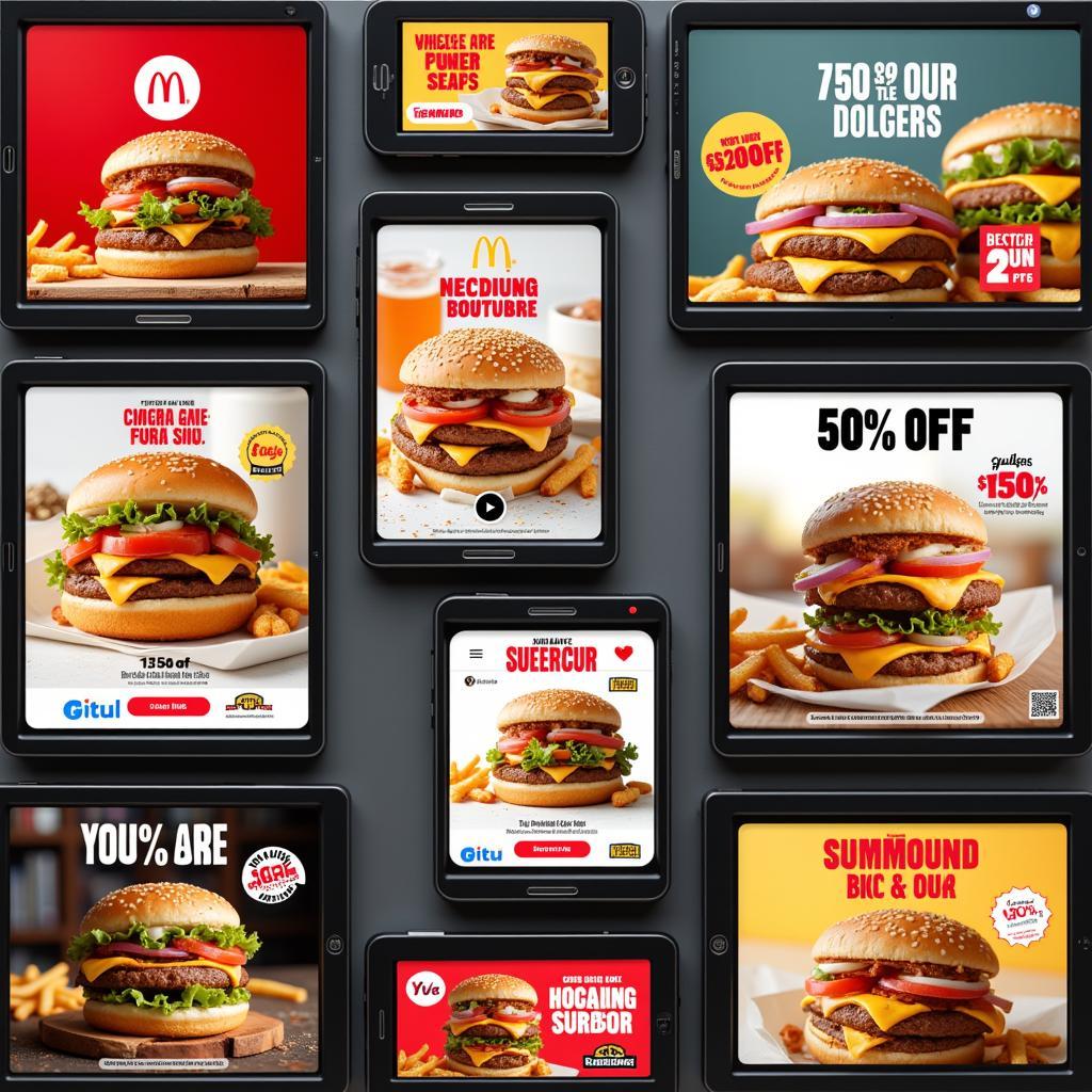 Fast food advertisements displayed across various social media platforms and television screens