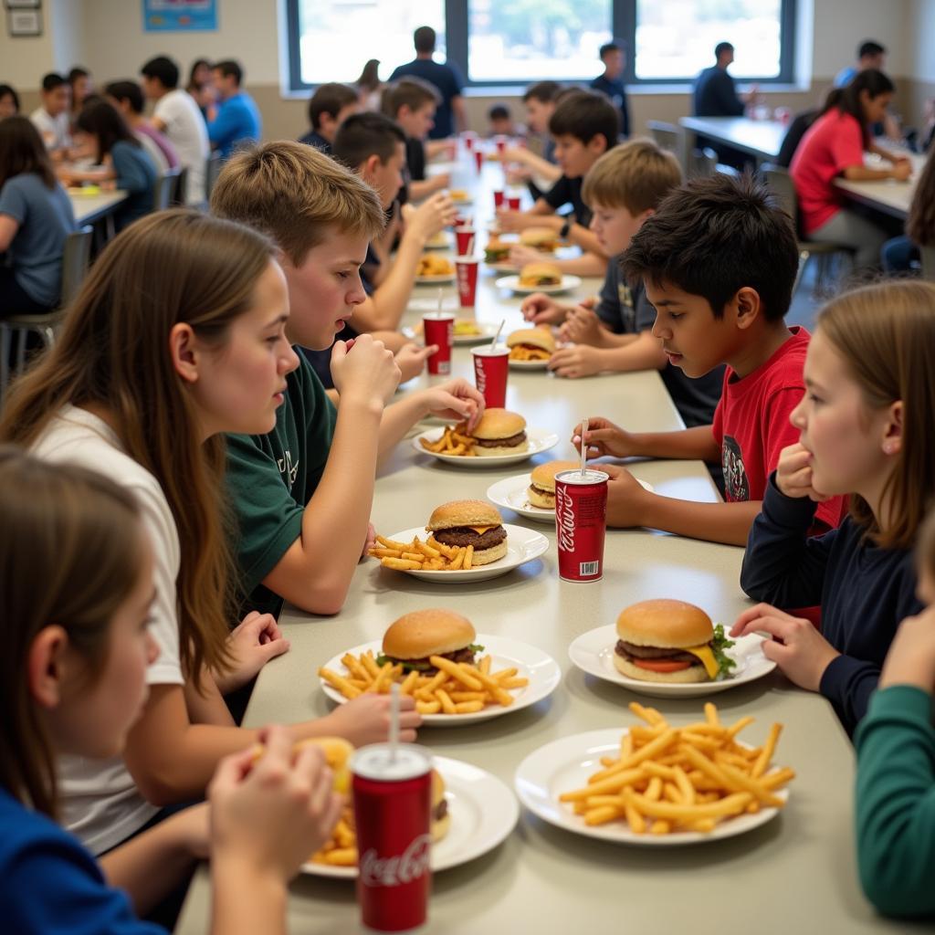 Students eating fast food in school cafeteria showing health concerns