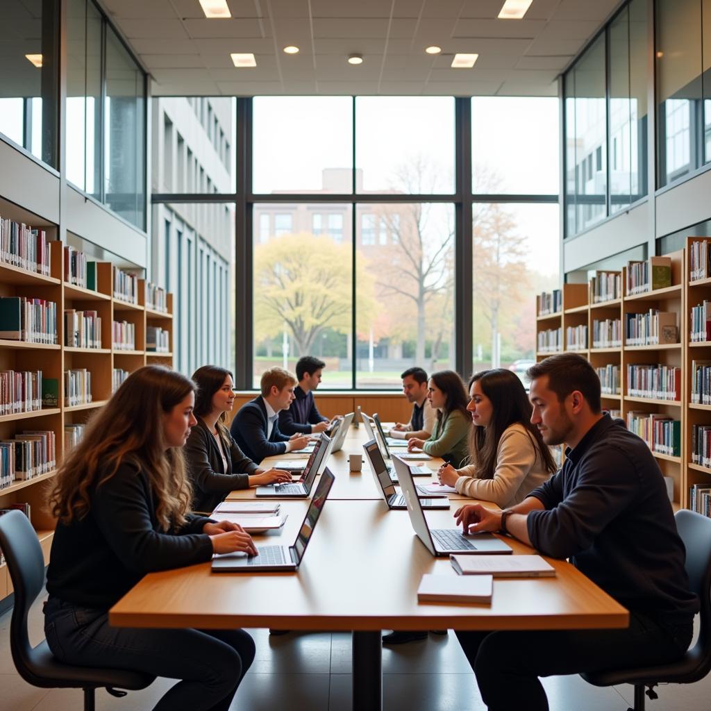 Students studying in modern university library