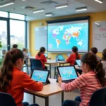 Students engaging with educational games in a modern classroom setting