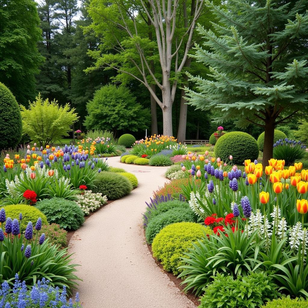 Beautiful garden landscaping with seasonal flowers and paths