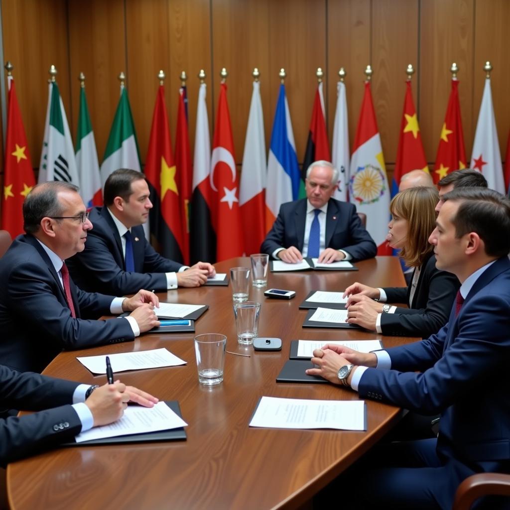 International diplomats discussing global cooperation at conference table