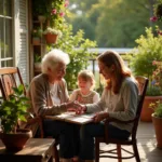 Grandmother sharing family photos on porch