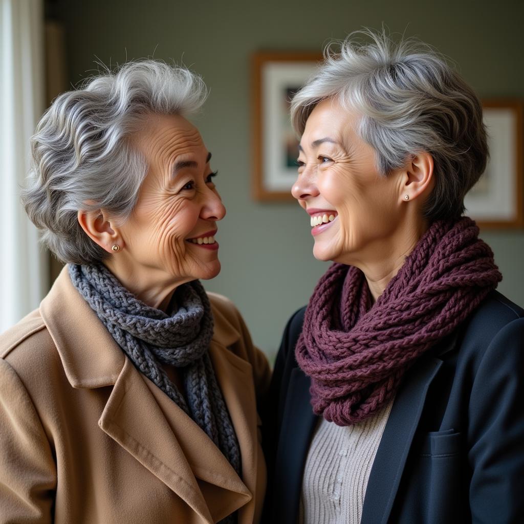 Elderly woman giving warm supportive smile to young person