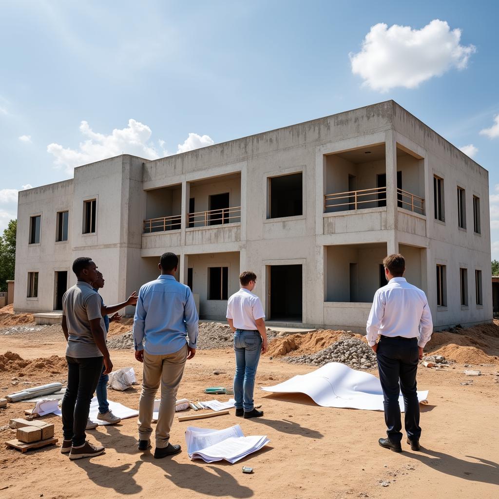 Modern hospital facility being constructed in developing nation with medical staff