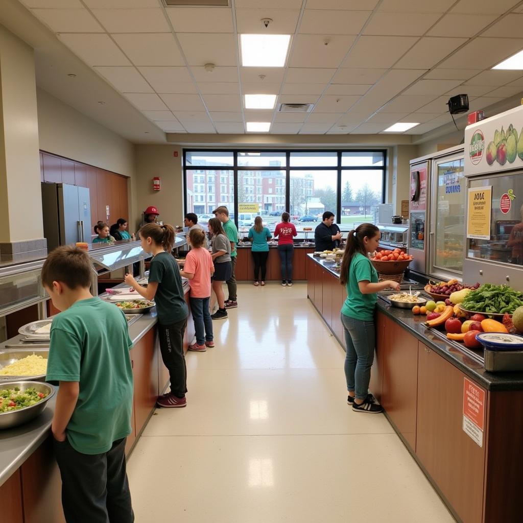 Students selecting healthy food options in modern school cafeteria