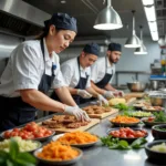 School staff preparing healthy meals in modern kitchen