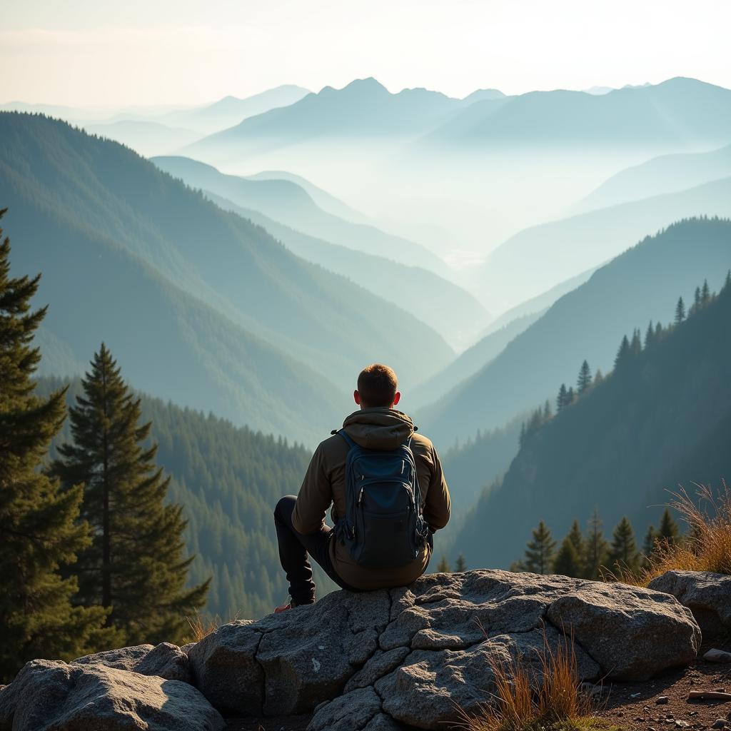 Hiker immersed in nature for solitude and reflection