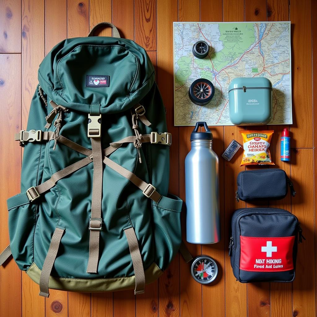 Essential hiking preparation items including backpack, map and compass