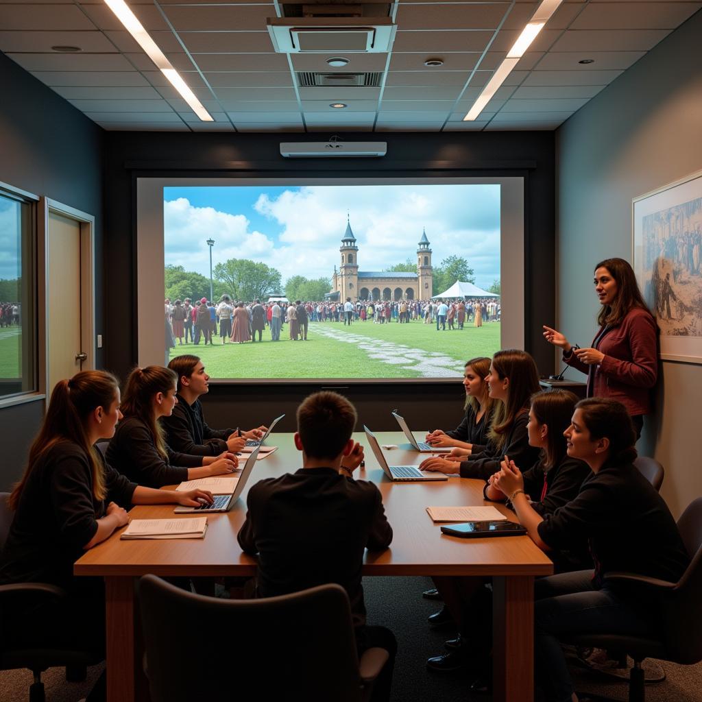 Students watching historical documentary in modern classroom