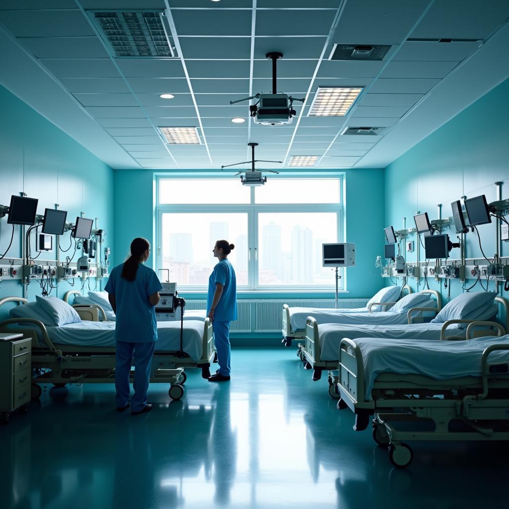 Modern hospital ward with medical equipment and nursing staff