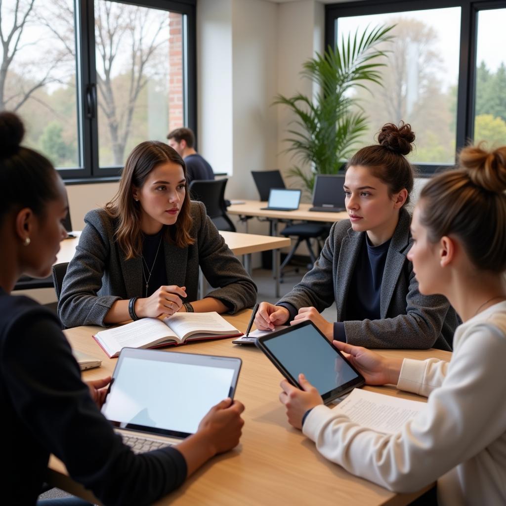 Students participating in a hybrid learning environment with both digital and traditional elements