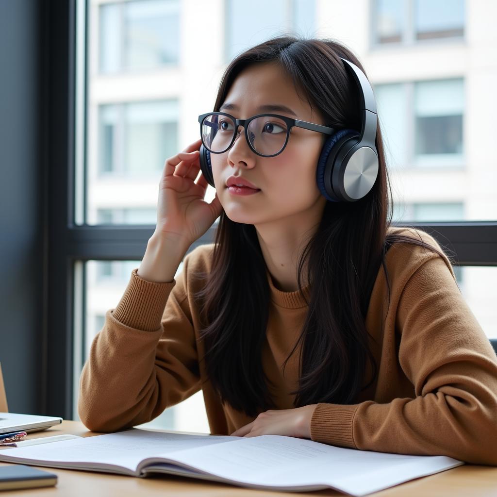 Student practicing IELTS listening with noise-canceling headphones