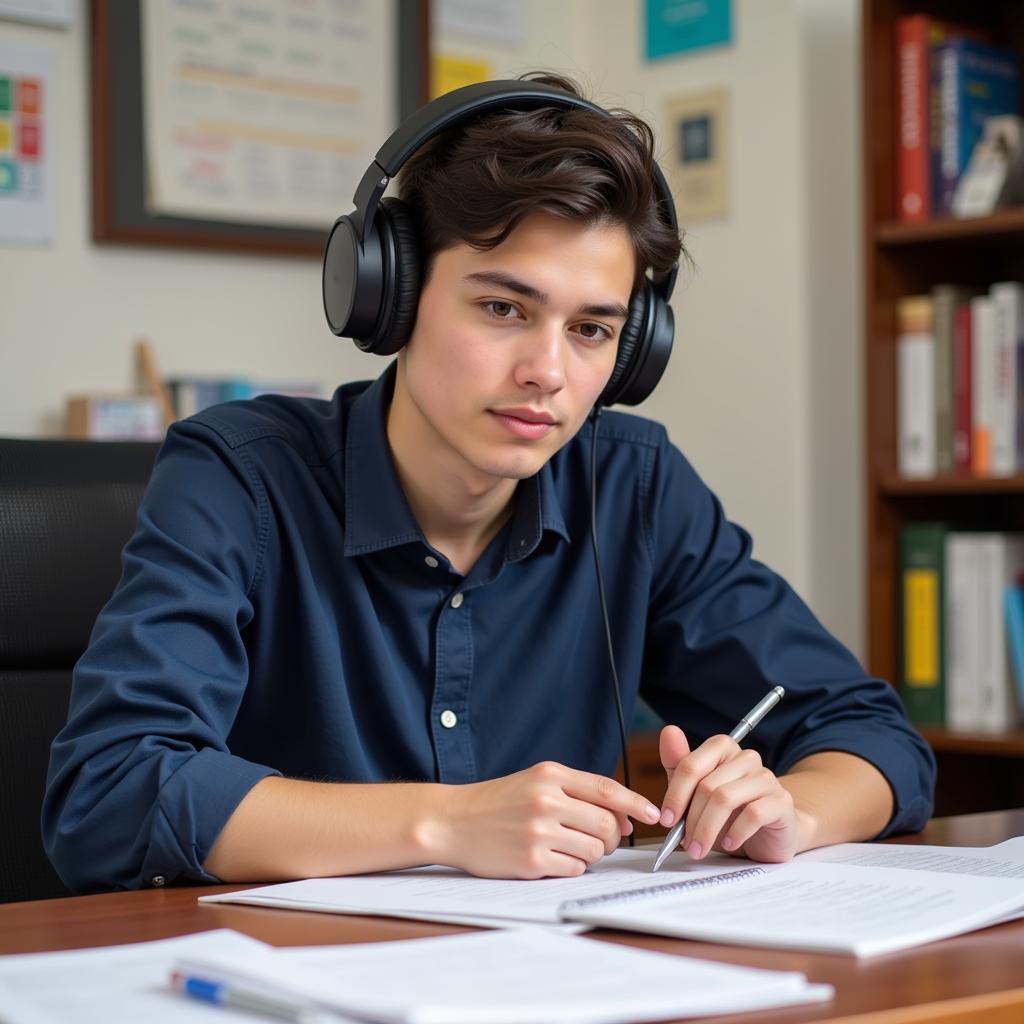 Student preparing for IELTS listening test with headphones