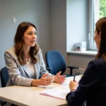 IELTS Speaking Test examiner interviewing candidate in professional setting