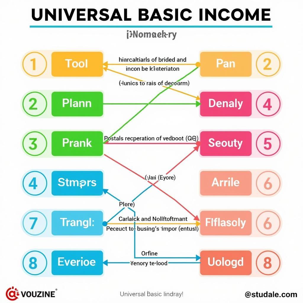 Infographic of key IELTS Writing Task 2 vocabulary on Universal Basic Income