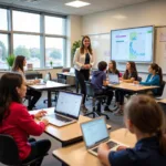 Diverse students including those with physical disabilities studying together in modern classroom