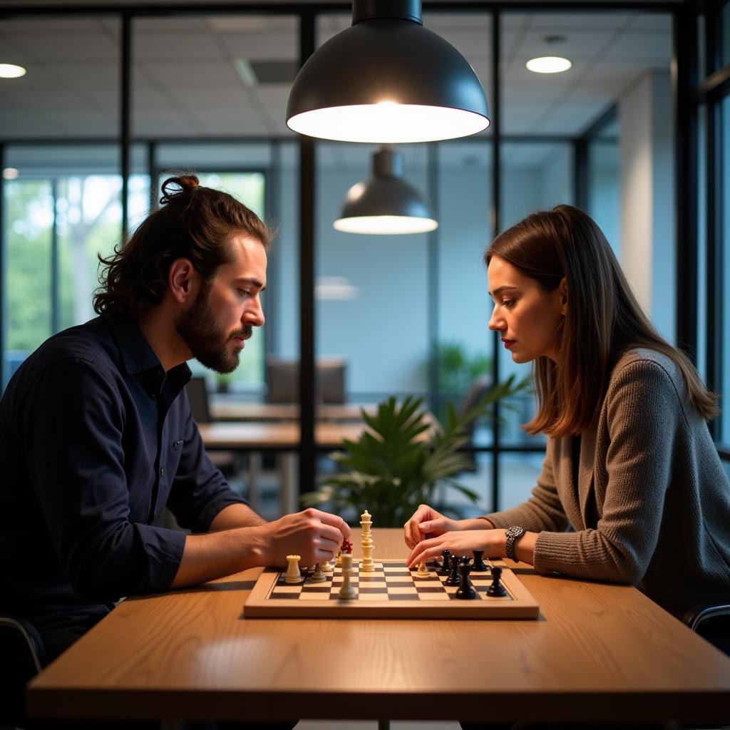 Professional chess players engaged in strategic indoor game