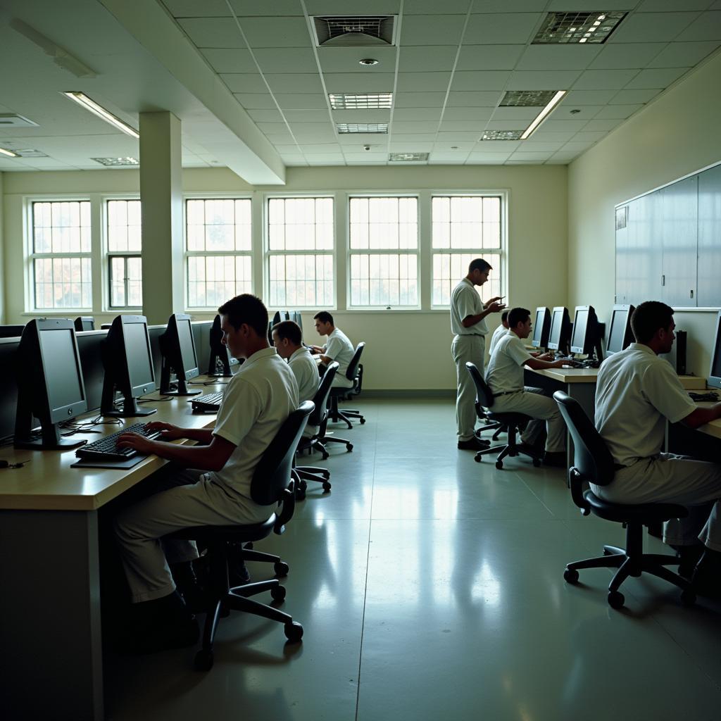 Prisoners learning computer skills in modern facility