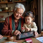 Elderly person teaching young child traditional customs while using modern technology