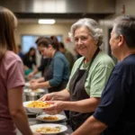 A kind-hearted grandmother volunteering at a soup kitchen