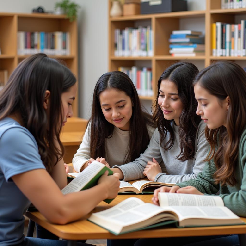 Students engaging with diverse literature in a modern classroom setting