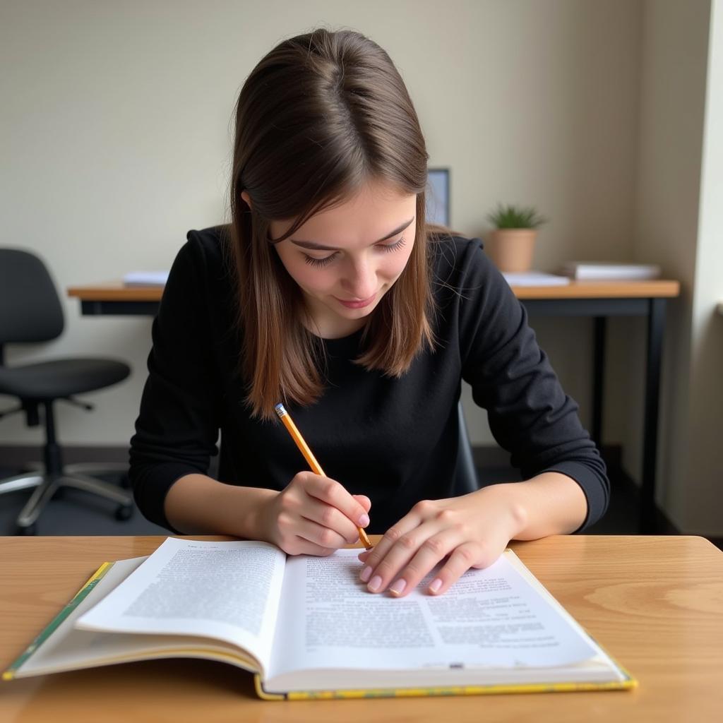 Student maintaining focus while reading IELTS passage