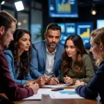 Diverse group of journalists working in modern newsroom