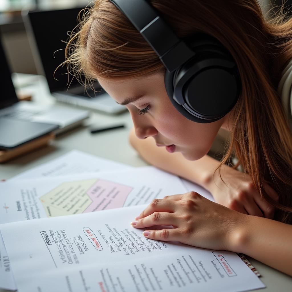 Student practicing micro-listening skills with headphones