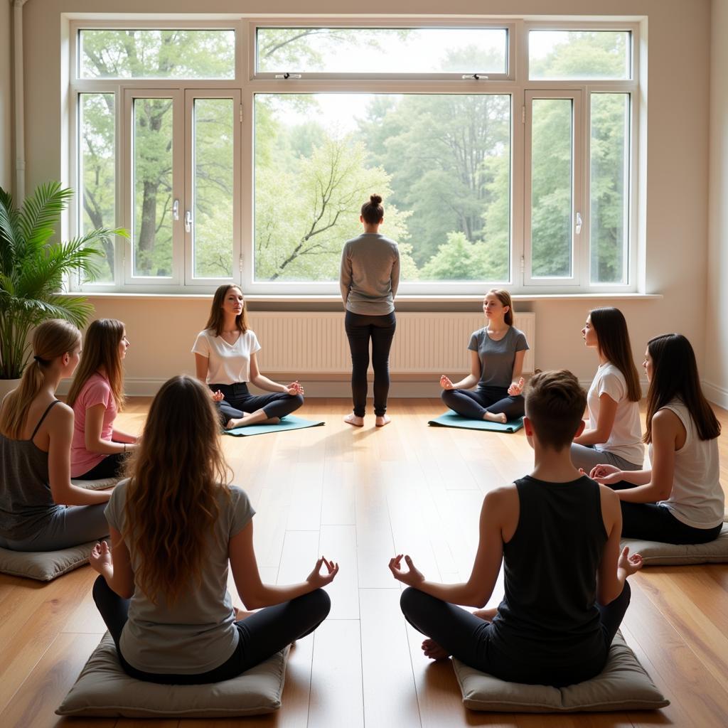 Students practicing mindfulness and meditation in a classroom