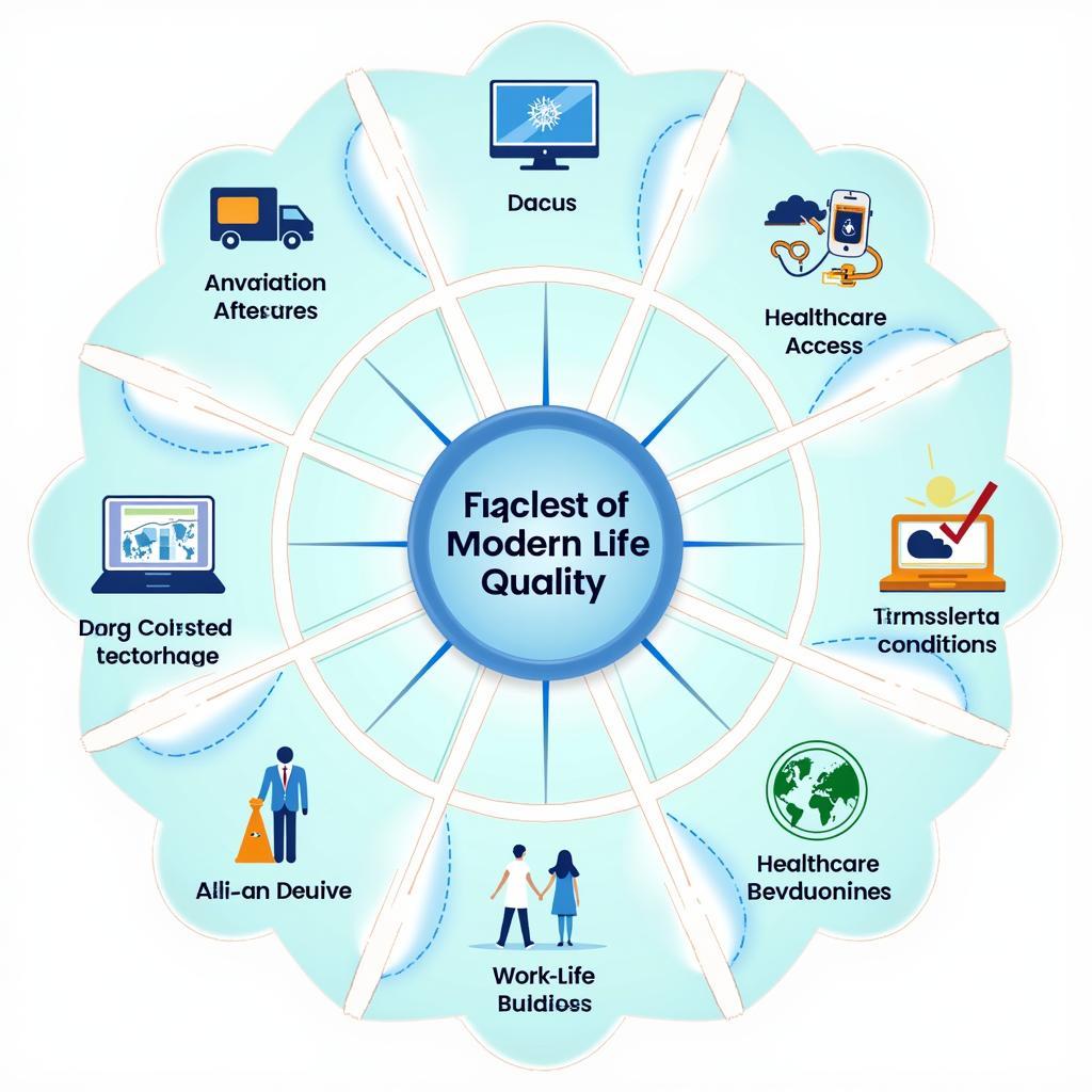 Factors affecting quality of life in modern society showing technology, health, and environment