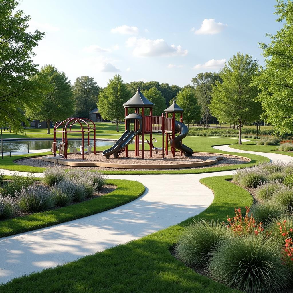 Modern park facilities including playground and exercise equipment