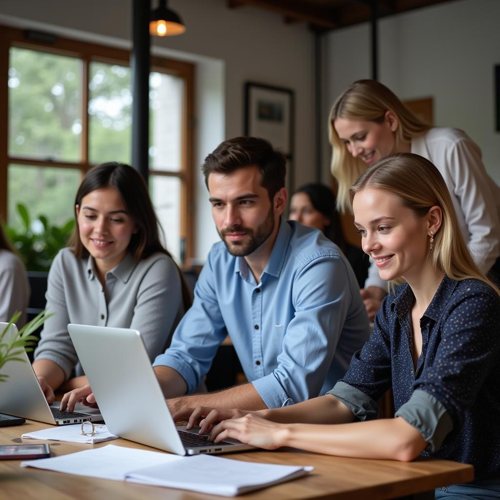 Young professionals collaborating with senior mentors in modern office